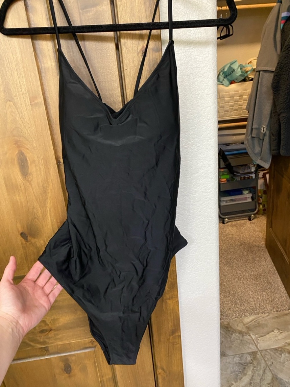 aerie Black V-Neck One-Piece Swimsuit with Thin Straps